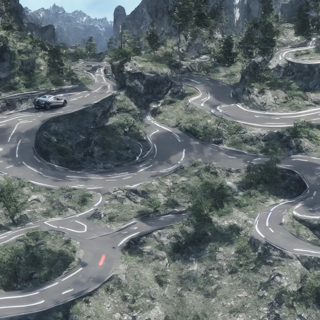 Image similar to futuristic car drive down a road in the mountains, unreal engine