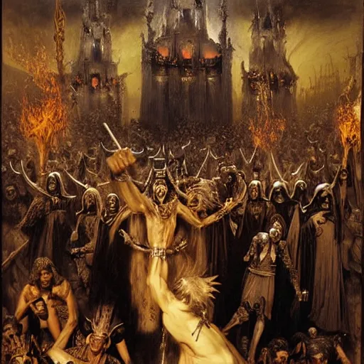 Image similar to dante's inferno, with people in black hooded tunic like in the film eyes wide shut of stanley kubrick, illuminati symbol, crows, skeletons, crosses, dark beauty, rotten gold, perfect faces, extremely detailed. highly detailed painting by gaston bussiere and j. c. leyendecker 8 k