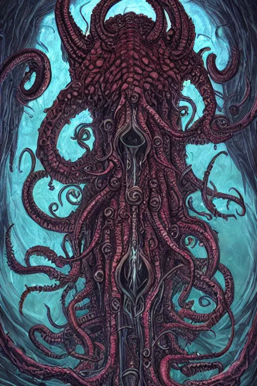 Image similar to ancient eldritch horror cthulhu, mind flayer, illithid, concept art, digital art, tarot card, highly detailed, ornate border, in the style of dungeons and dragons