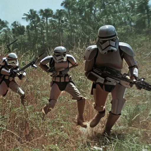 Image similar to star wars clone troopers combat soldiers in vietnam, photo, old picture, lush landscape, jungle, firearms, explosions, helicopters, aerial combat, active battle zone, flamethrower, air support, jedi, land mines, gunfire, violent, star destroyers, star wars lasers, sci - fi, jetpacks, agent orange, bomber planes, smoke, trench warfare