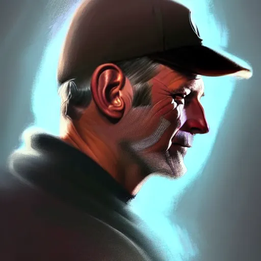 Image similar to beautiful portrait of hockey coach Clint Malarchuk, fantasy, intricate, elegant, highly detailed, digital painting, artstation, concept art, smooth, sharp focus, luxury fashion illustration, art by artgerm and greg rutkowski and alphonse mucha, brightly lit cinematic soft lighting, photorealistic