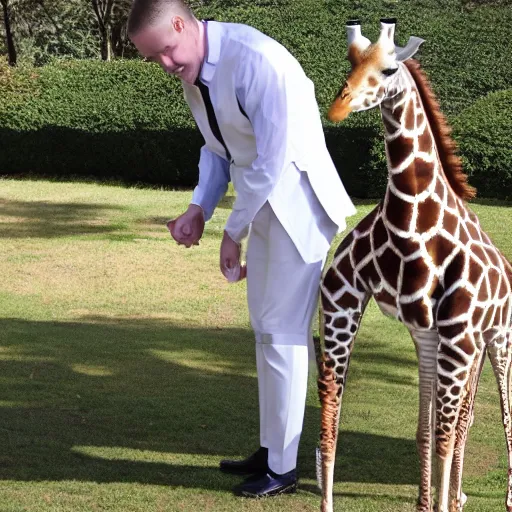 Image similar to a giraffe dressed as a butler