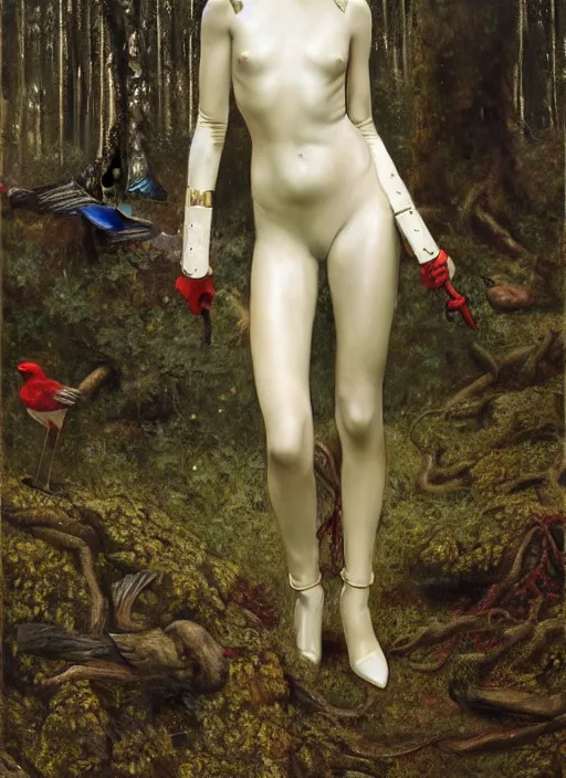 Prompt: of the ancient roman goddess of wisdom and war, with red lips, with curls of long white hair, standing in the middle of the forest and birds, in a leather jumpsuit by lee alexander mcqueen, iron armor, heels very beautiful style, photorealism, edgard maxence 8 k