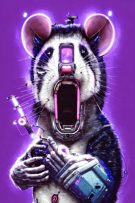 Image similar to a beautiful portrait of a cute cyberpunk opossum screaming by sandra chevrier and greg rutkowski and wlop, purple blue color scheme, high key lighting, volumetric light, digital art, highly detailed, fine detail, intricate, ornate, complex, octane render, unreal engine, photorealistic