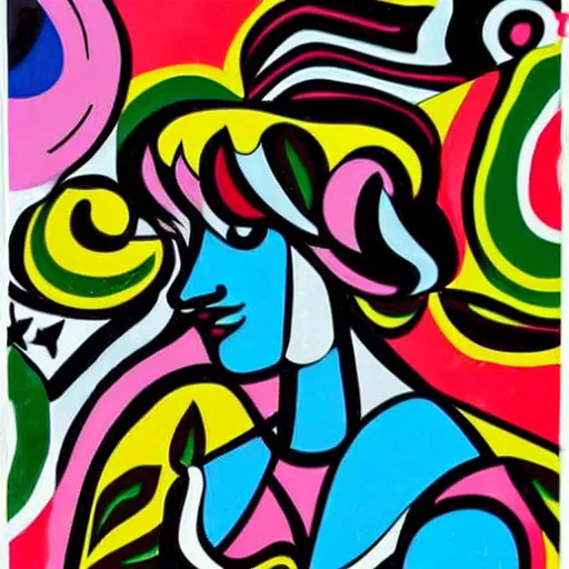 Image similar to Street art. A beautiful illustration of a young girl with long flowing hair, looking up at the stars. She appears to be dreaming or lost in thought. by Lee Krasner, by Romero Britto balmy