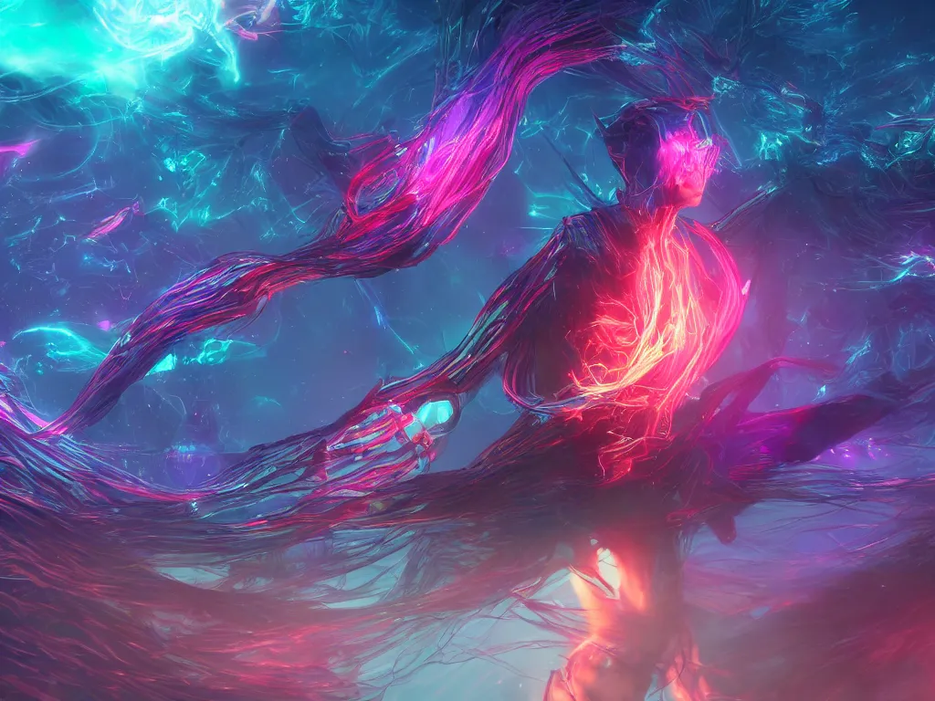 Prompt: a strange multi dimensional haunting creature traveling through the universe along strands of astral filament, trending on cgsociety, sharp, crisp, ultradetailed, vibrant color scheme, unreal engine, 4 k wallpaper, concept art