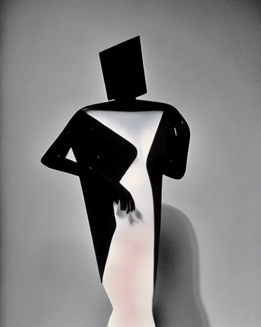 Image similar to mannequin of shadows, wearing a shiny party dress, by Yohji Yamamoto and Man Ray