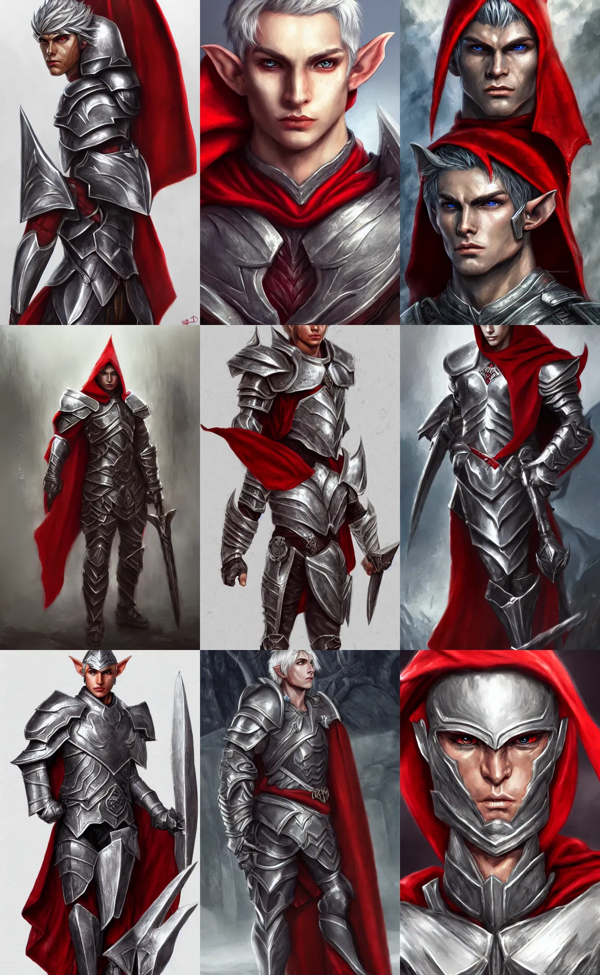 Prompt: A male elf, 20 years old, short silver hair, red eyes, wearing heavy armor with cape, lean but muscular, attractive, command presence, royalty, weathered face, smooth, sharp focus, illustration, concept art, highly detailed, muscle definition, fantasy painting, ArtStation, ArtStation HQ