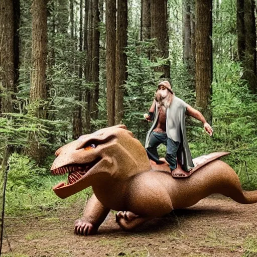 Image similar to jesus riding a trex through the forest, realisitc photo