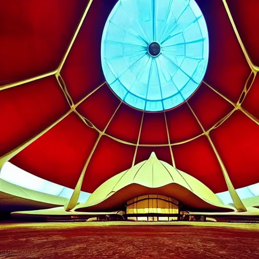 Image similar to interior of a futuristic lotus temple with gold, red and white marble panels, in the desert, by buckminster fuller and syd mead, intricate contemporary architecture, photo journalism, photography, cinematic, national geographic photoshoot