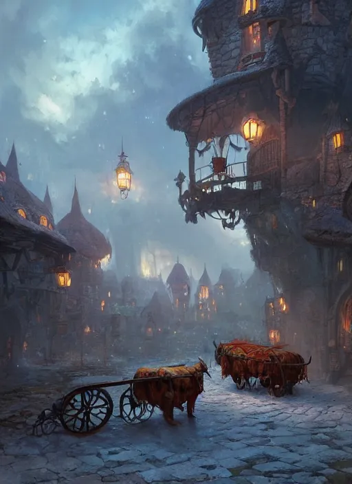 Image similar to wagons pulled by an ox at the robust fantasy castle courtyard, calming, uplifting mood, ultra realistic, funny, small buildings, highly detailed, epic lighting, illuminated, cinematic, morning, art by eddie mendoza