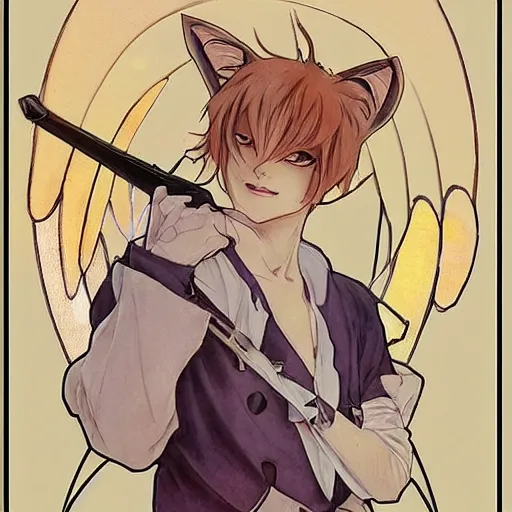 Prompt: A watercolor painting of a beautiful anime catboy with short cream colored hair and fennec fox ears and tanned skin, elegant, delicate, soft lines, smooth , pixiv art, ArtStation, artgem, art by alphonse mucha charles reid and shirow masamune, high quality