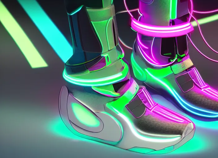 Prompt: futuristic generative design sneakers with neon lights in the style of cyberdog, product shot, dynamic lighting, octane render