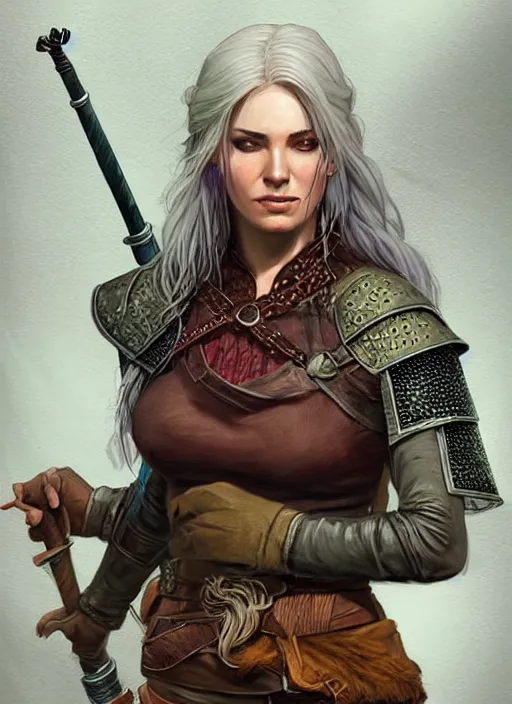 Image similar to female witcher, ultra detailed fantasy, dndbeyond, bright, colourful, realistic, dnd character portrait, full body, pathfinder, pinterest, art by ralph horsley, dnd, rpg, lotr game design fanart by concept art, behance hd, artstation, deviantart, hdr render in unreal engine 5