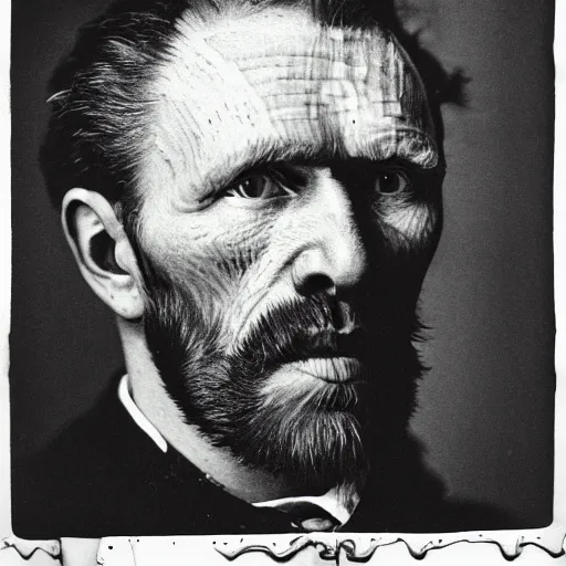 Prompt: photo of vincent van gogh as a cyborg by diane arbus, black and white, high contrast, rolleiflex, 5 5 mm f / 4 lens