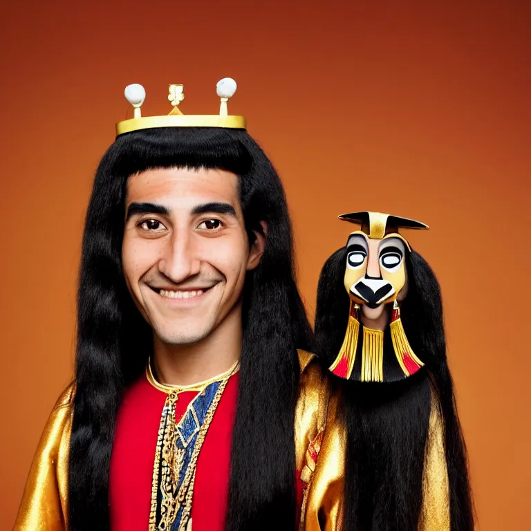 Prompt: A photo of Emperor Kuzco!!!!!!!!!!!!!!!! in his 13s, peruvian looking, with his long black hair, beardless, smiling with confidence, and wearing!!! his emperor clothes. Portrait by Terry Richardson. Golden hour. 8K. UHD. Bokeh.