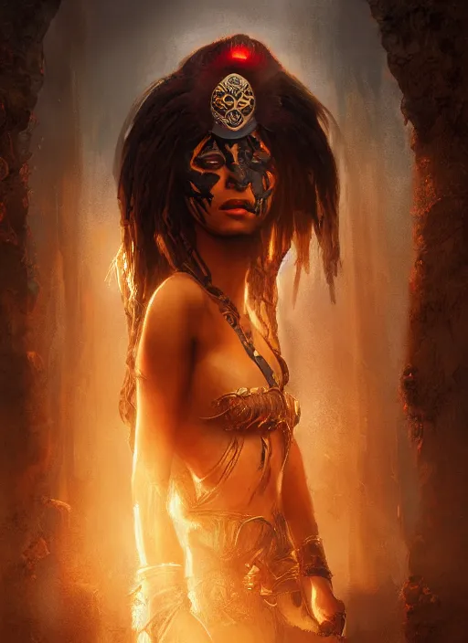 Prompt: aztec sun goddess, dark shadows, contrast, concept art, sharp focus, digital art, Hyper-realistic, 4K, Unreal Engine, Highly Detailed, Dramatic Lighting, Beautiful, by bastien lecouffe-deharme