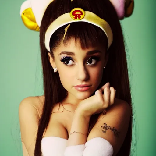 Image similar to Portrait of Ariana Grande doing Sailor Moon cosplay, 50mm photograph by annie leibovitz