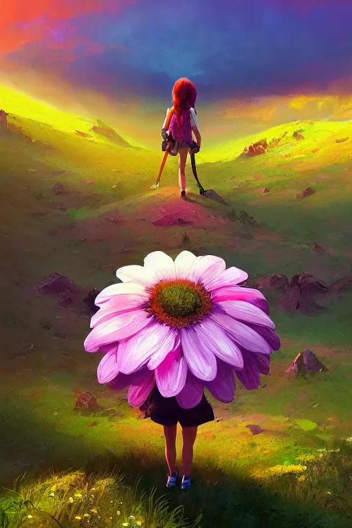 Image similar to giant daisy flower head, girl hiking in the mountains, surreal photography, sunrise, dramatic light, impressionist painting, colorful clouds, digital painting, artstation, simon stalenhag