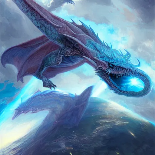 Image similar to Gigantic blue scaled dragon devouring an earth like planet while flying in space, Ancalagon, sun system, nebula, oil painting, by Fernanda Suarez and Edgar Maxence and Greg Rutkowski