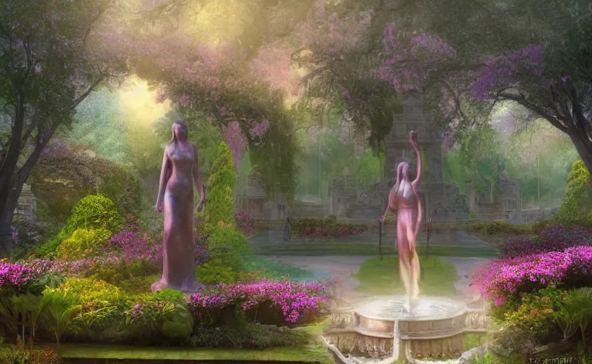 Image similar to The kneeling statue of a woman in a beautiful garden, next to a fountain and a mystical palace, and all this in a foggy and mysterious atmosphere.Fantasy and concept art, colorful digital painting.