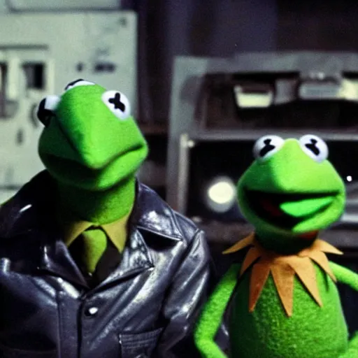 Prompt: Kermit the Frog as the Terminator, movie, The Muppets, movie still, high definition, sunglasses, guns, robot