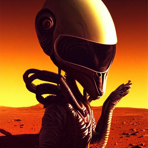 Image similar to alien taking a selfie on mars, dramatic lighting, cinematic, establishing shot, extremly high detail, photorealistic, cinematic lighting, artstation, style by James Gurney