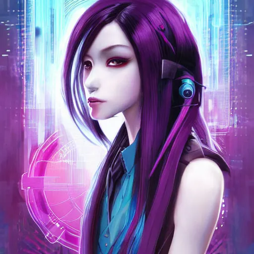 Image similar to a beautiful portrait of hatsune miku with long black and deep red colored hair and one purple colored cyborg eye, dressed a netrunner from shadowrun, intricate, elegant, highly detailed, digital painting, artstation, concept art, matte, sharp focus, illustration, art by greg rutkowski and alphonse mucha