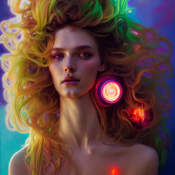 Image similar to bright psychedelic cyborg, glowing skin, long hair, diffuse lighting, fantasy, intricate, elegant, highly detailed, lifelike, photorealistic, digital painting, artstation, illustration, concept art, smooth, sharp focus, art by John Collier and Albert Aublet and Krenz Cushart and Artem Demura and Alphonse Mucha