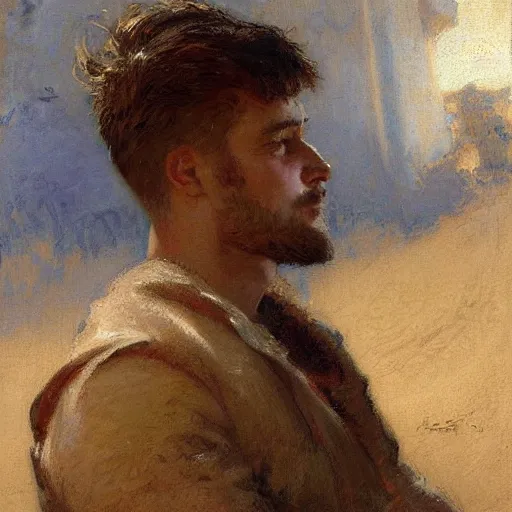 Image similar to a man with a normal haircut, painting by Gaston Bussiere, Craig Mullins