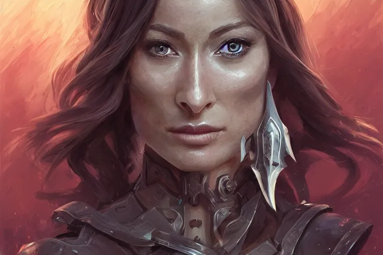 Image similar to a finely detailed portrait of Olivia Wilde, clothed in battle armor, olive skin, long dark hair, beautiful bone structure, symmetrical facial features, intricate, elegant, digital painting, trending on Artstation, concept art, smooth, sharp focus, illustration, from World of Warcraft, by Ruan Jia and Mandy Jurgens and Artgerm and william-adolphe bouguerea, award winning