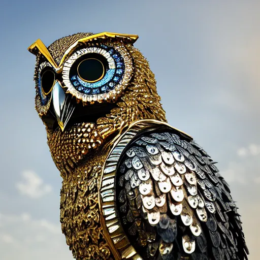 Prompt: warrior wearing jewel encrusted metal owl armour, highly detailed, 4k, HDR, smooth, sharp focus, hyper realistic, high resolution