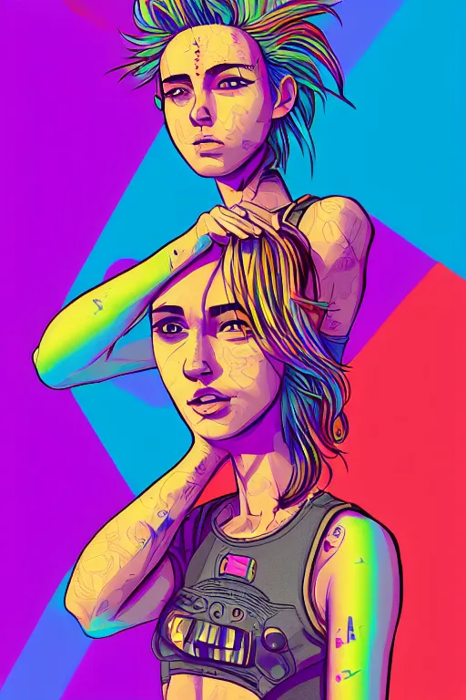 Image similar to a award winning half body portrait of a beautiful woman with stunning eyes in a printed croptop and cargo pants with rainbow colored ombre hairstyle head in motion and hair flying by josan gonzales, outrun, vaporware, shaded flat illustration, digital art, trending on artstation, highly detailed, fine detail, intricate