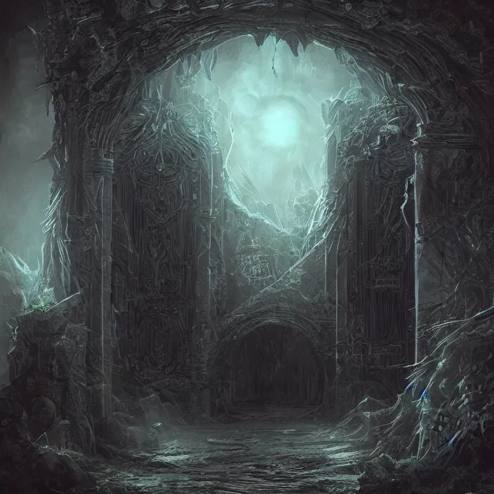 Image similar to gazing into the ominous dark etherial gate to the pitch black void, dark midnight, quiet and serene atmosphere, deviantart, concept art, intricate high detail masterpiece