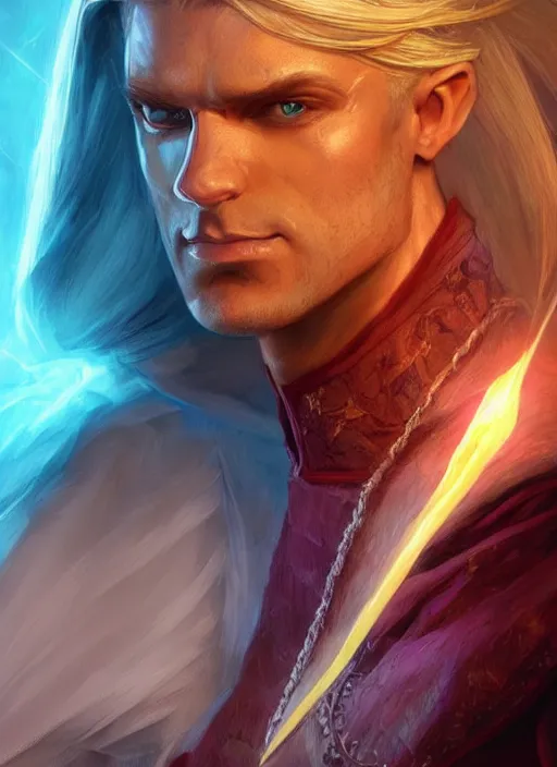 Image similar to male priest blonde parted hair healer, dndbeyond, bright, colourful, realistic, dnd character portrait, full body, pathfinder, pinterest, art by ralph horsley, dnd, rpg, lotr game design fanart by concept art, behance hd, artstation, deviantart, global illumination radiating a glowing aura global illumination ray tracing hdr render in unreal engine 5