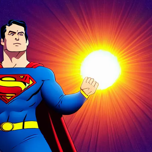 Image similar to superman floating in front of the sun, facing the camera, 4 k, highly detailed, extreme zoom