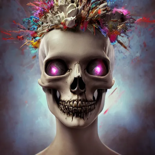 Image similar to full body pose, hyperrealistic mixed media painting of beautiful skull woman, dim volumetric lighting, 8 k, octane beautifully detailed render, extremely hyper detailed, intricate, epic composition, cinematic lighting, masterpiece, trending on artstation, very very detailed, masterpiece, stunning, hdr, smooth, sharp focus, high resolution, award, winning photo, dslr, 5 0 mm