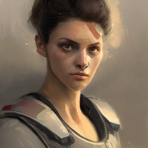 Prompt: Portrait of a woman by Greg Rutkowski, she is about 20 years old, round face, mixture turkish and russian, dark blonde hair with two strands around her face, attractive, sad and melancholy gaze, she is wearing a futuristic tactical space suit, highly detailed portrait, scifi, digital painting, artstation, concept art, smooth, sharp foccus ilustration, Artstation HQ.