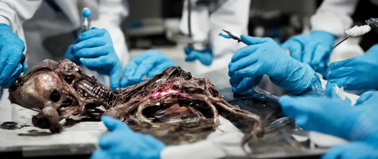 Image similar to filmic dutch angle extreme closeup movie still 4 k uhd 3 5 mm film color photograph of hands wearing surgical gloves dissecting a deceased mysterious grotesque alien specimen in a lab