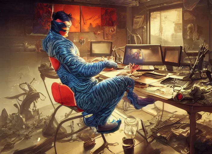 Image similar to an insanely detailed painting of an asian man wearing a homemade superhero costume, sitting at a desk, staring seriously at the computer and typing, in the style of peter mohrbacher, james jean, artgerm, dramatic lighting and composition, surreal background, octane render, pixar, trending on artstation, concept art, comic book, view from behind, 8 k