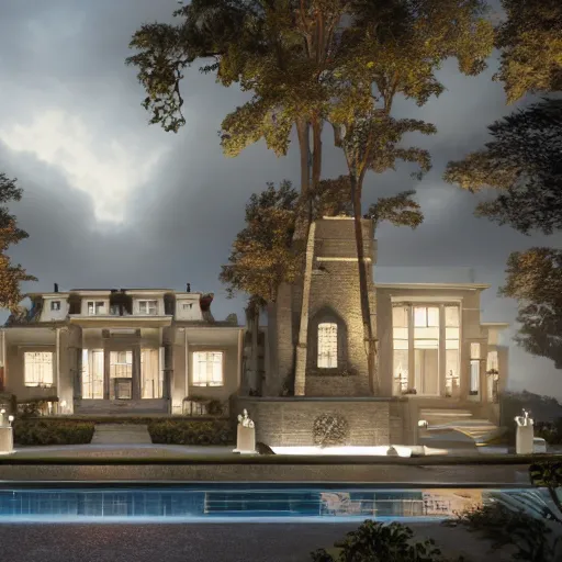 Image similar to Exterior of modern mansion, beautiful dynamic lighting, cinematic, wide angle establishing shot, extremely high detail, photo realistic, cinematic lighting, post processed, concept art, artstation, matte painting, style by eddie mendoza, raphael lacoste, alex ross, volumetric lighting, light rays, photorealistic, ultrarealistic, moody, coronarender, 8k