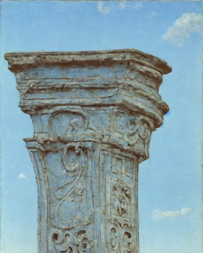 Prompt: achingly beautiful print of intricate ancient roman corinthian capital on a baby blue background by rene magritte, monet, and turner.