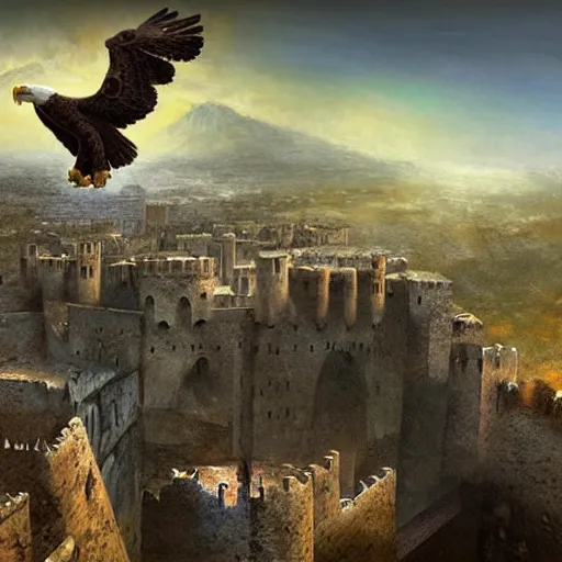 Image similar to an eagle soaring over the fortress of Masyaf by Marc Simonetti, 4K ultra-HD, very detailed