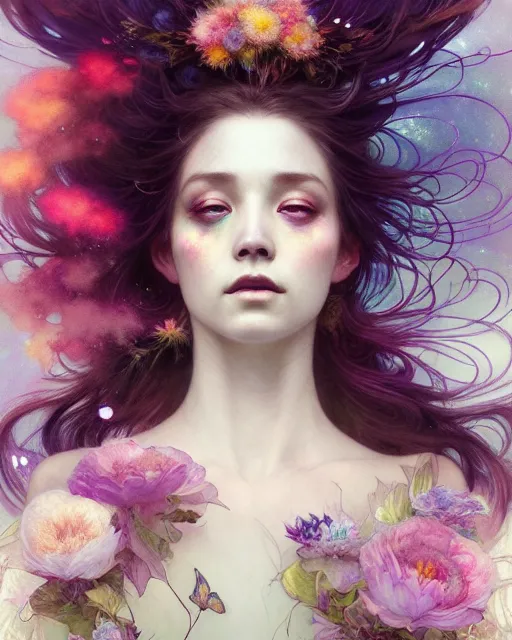 Prompt: Full View ultrarealistic Portrait ethereal fantasy deity wearing beautiful gown, flowers, spirituality, levitating, 4k digital masterpiece by Anna Dittman and Alberto Seveso Ruan Jia, rossdraws, artgerm and greg rutkowski and alphonse mucha and loish and WLOP, fantasycore, Hyperdetailed, fractals, scribble art, realistic digital painting, atmospheric, fireflies, soft lighting, featured on Artstation