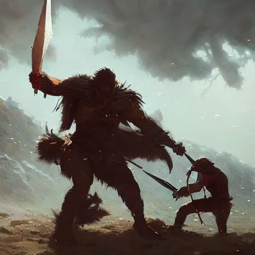 Prompt: a warrior fighting a troll, greg rutkowski