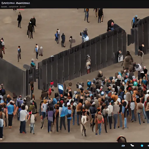 Prompt: large millennial crowd in front of a | modern! prison! locked down government security military gate | in the hot desert trending on artstation digital paint 4 k render