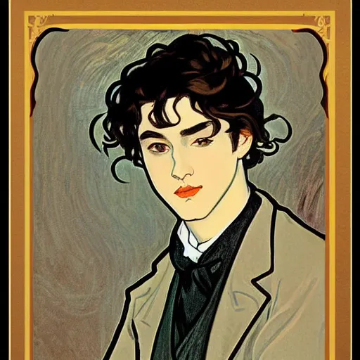 Image similar to painting of young cute handsome beautiful dark medium wavy hair man in his 2 0 s named shadow taehyung and cute handsome beautiful min - jun together at the halloween! party, bubbling cauldron!, candles!, smoke, autumn! colors, elegant, wearing suits!, delicate facial features, art by alphonse mucha, vincent van gogh, egon schiele