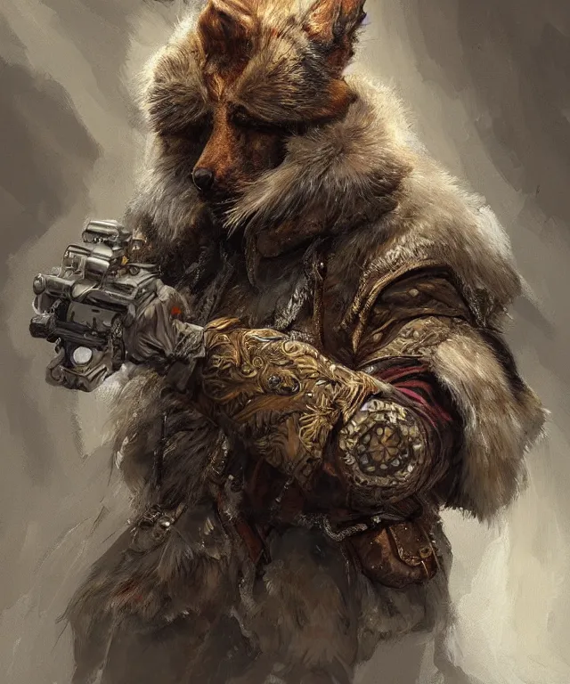 Image similar to beautiful painting of a mascular hunter with fur clothing, intricate and detailed,, trending on deviantart and artstation, wlop, craig mullins, henry ascensio