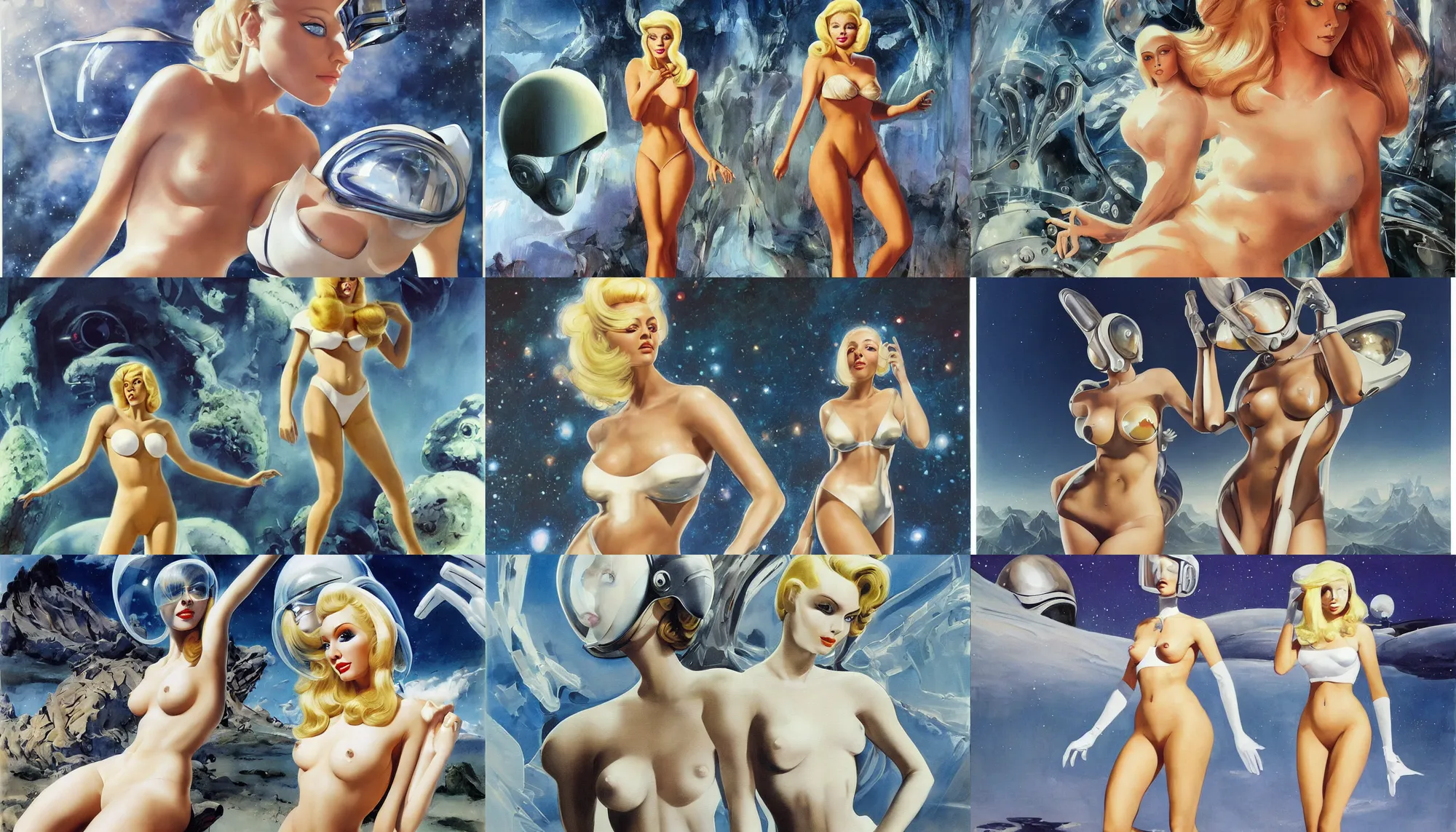 Prompt: A mixed media painting of a very beautiful blonde woman walking through an alien environment, elegant, aesthetic!!! symmetrical face and eyes, piercing gaze, photorealistic, curvy, model, futuristic white-space-bikini, 60's cartoon-glass-helmet, eighties pinup style, by Frank Frazetta, Boris Vallejo, Donato Giancola, Beeple, Greg Rutkowski, Christian MacNevin, epic fantasy character art, full length, high fantasy, starship-troopers, CGsociety, exquisite detail, post-processing, masterpiece, cinematic