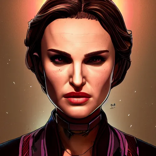 Image similar to natalie portman portrait, borderlands, tales from the borderlands, the wolf among us, comic, cinematic lighting, studio quality, 8 k